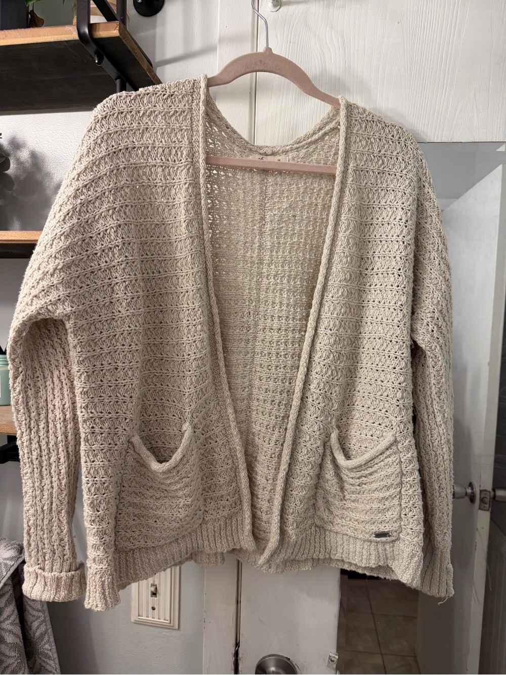 Hollister Beige Open-Front Crochet Cardigan